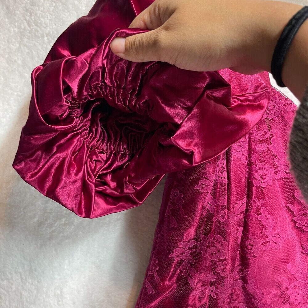 Vintage 80s Magenta Lace Satin Dress Puff Sleeve Prom Party Retro Size Small - Picture 5 of 15